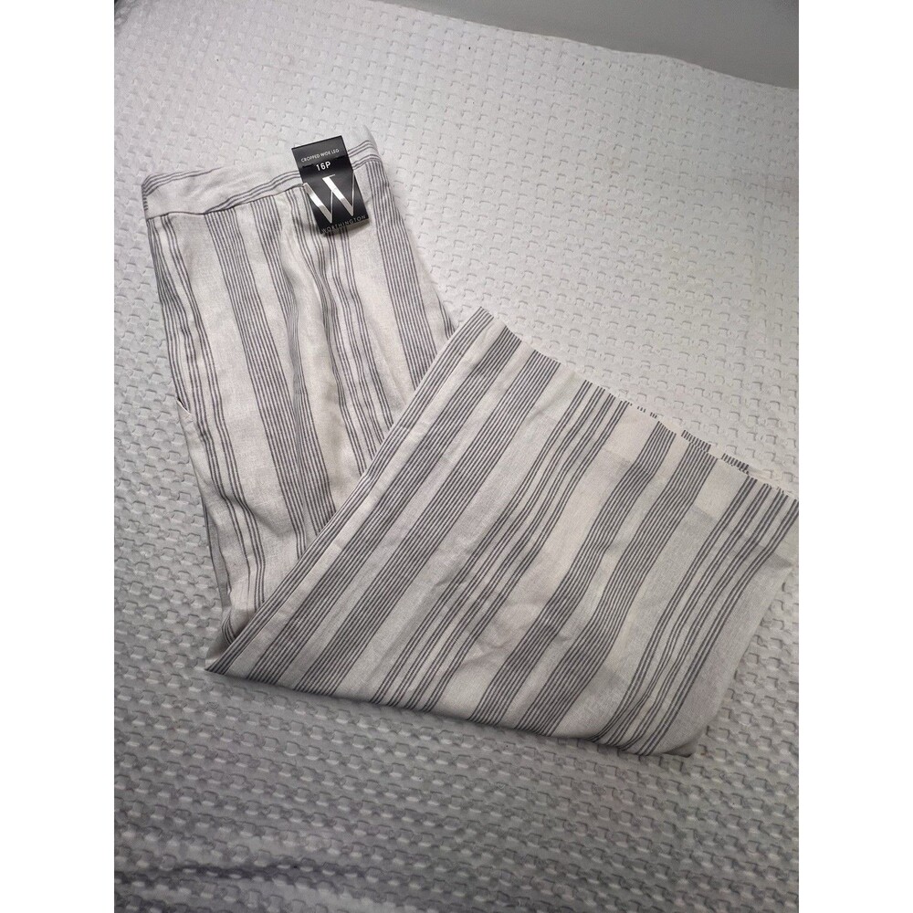 Worthington Women's Cropped Wide Leg Striped Pants Pleated Size 16P Linen Blend